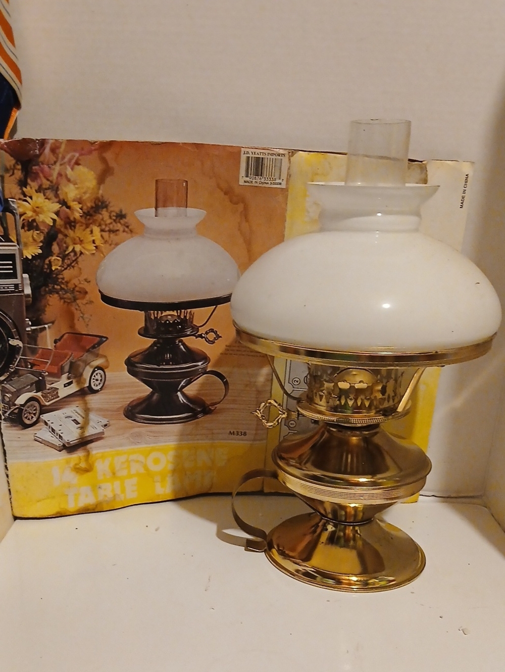 Vintage Brass Table Kerosene Lantern with White Glass Shade